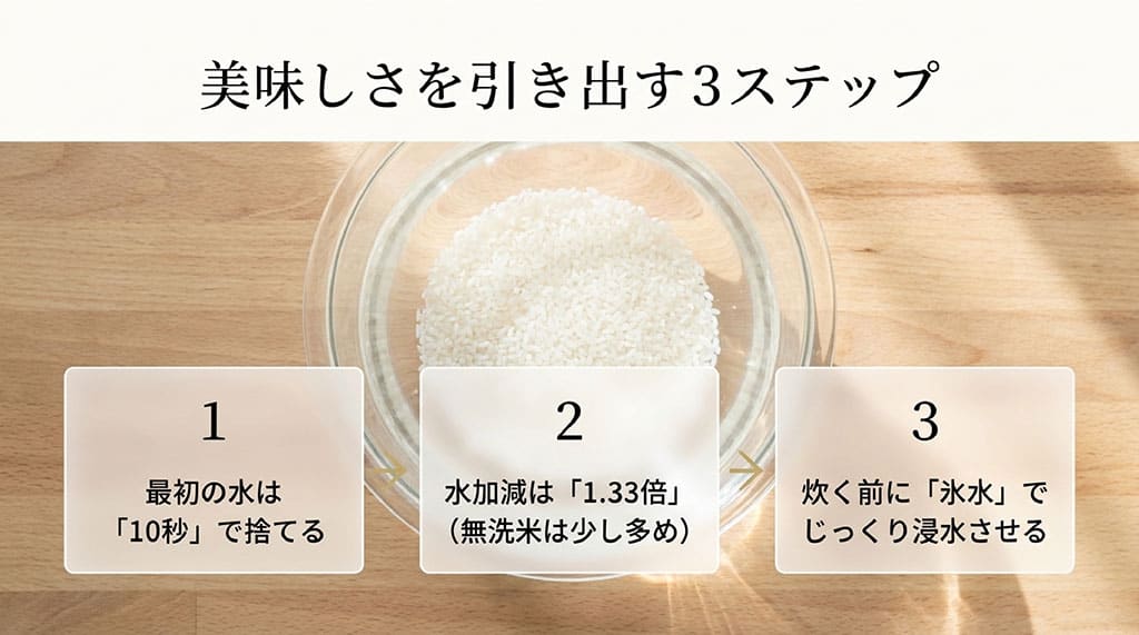きぬむすめを美味しく炊くための3ステップ「最初の水は10秒で捨てる」「水加減は1.33倍」「炊く前に氷水でじっくり浸水」を解説するスライド。
