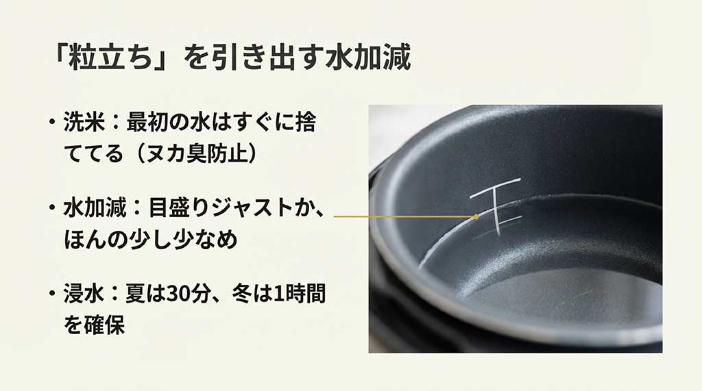 最初の水はすぐに捨てる洗米のコツ、水加減は目盛りジャストか少なめ、夏30分・冬1時間の浸水時間を確保するポイント