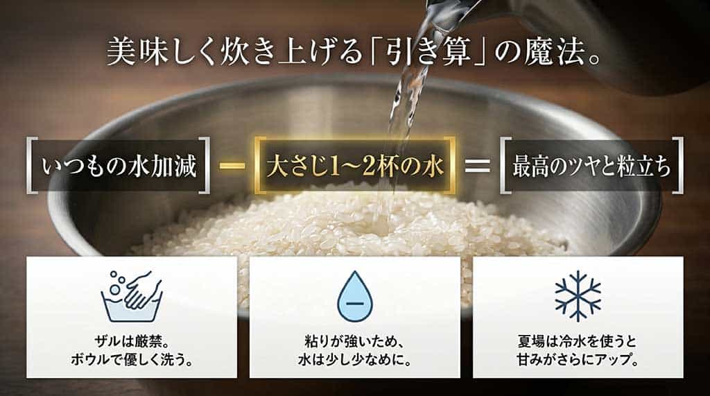 くまさんの輝きを美味しく炊くための水加減と洗米のポイント