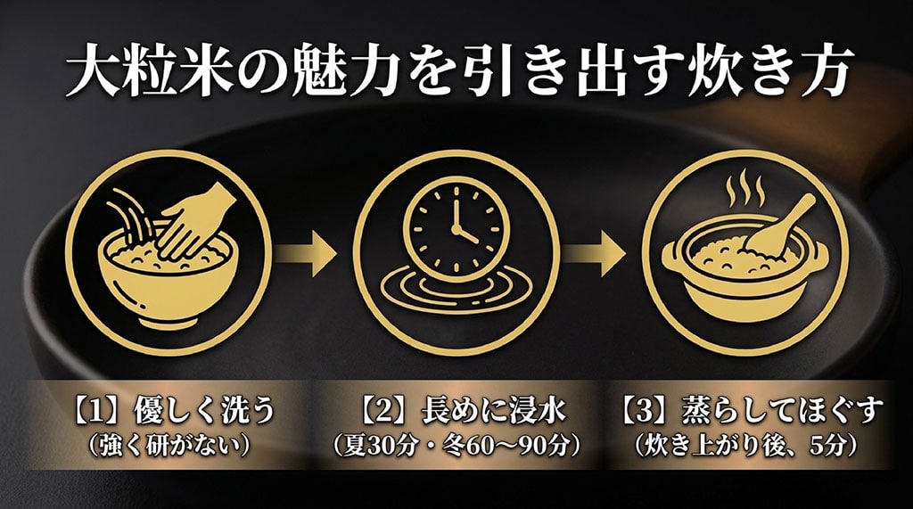 優しく洗う、長めに浸水する、蒸らしてほぐすといった、大粒米つぶぞろいの魅力を引き出す炊き方の手順を解説したスライド
