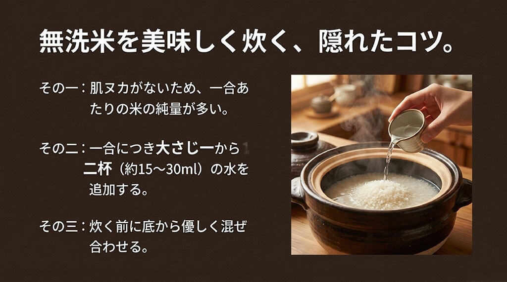 土鍋にお水を注ぐイメージ画像とともに、無洗米を炊く時に水を多めに入れるコツを解説したスライド
