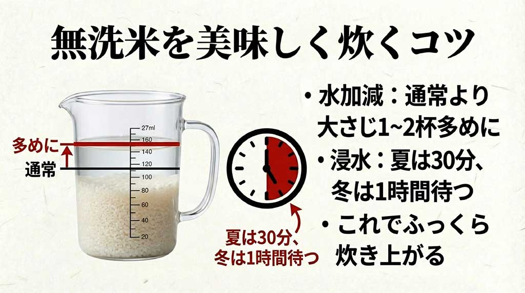 水を大さじ1〜2杯多めにすること、夏は30分、冬は1時間の浸水時間を確保することを説明する時計アイコン付きのスライド