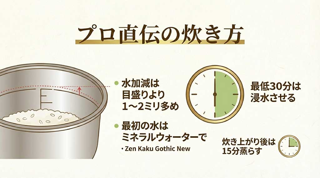 30分以上の浸水、水加減1〜2ミリ多め、15分蒸らすといった美味しい炊き方のポイント