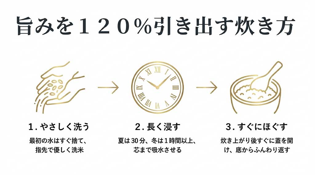 1.優しく洗う、2.長く浸す、3.すぐにほぐす、という金色の風の美味しさを引き出す炊き方のポイント