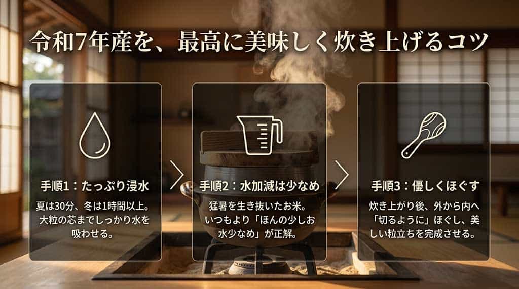 令和7年産あけぼのを炊くコツ。手順1：夏30分・冬1時間以上のたっぷり浸水、手順2：いつもよりほんの少しお水少なめ、手順3：外から内へ切るように優しくほぐす、の3ステップを説明する画像。