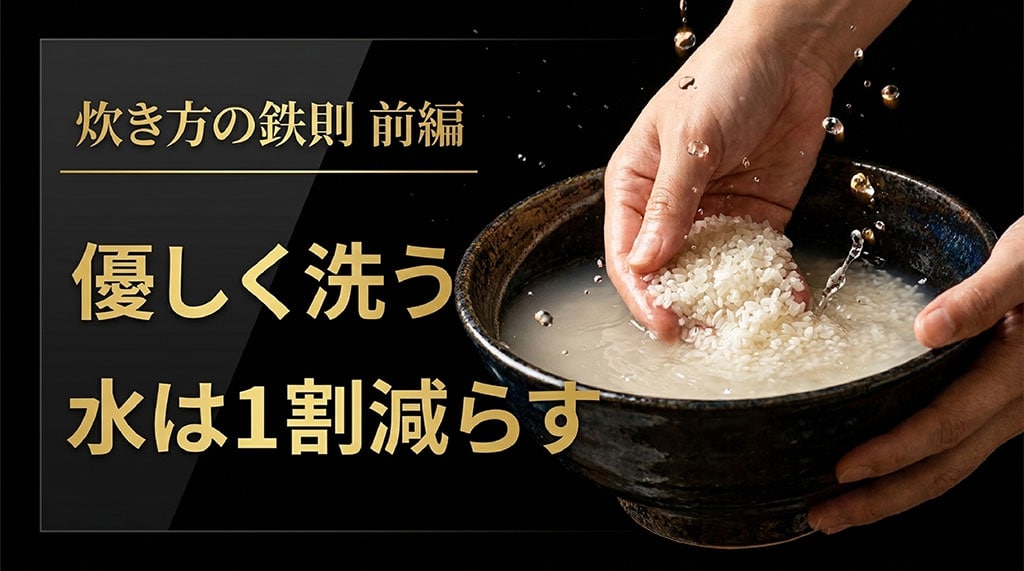 龍の瞳の炊き方の鉄則前編。お米を優しく洗うこと、お水を1割減らすことを解説しています。