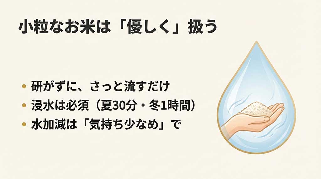 研がずにさっと流す、夏30分・冬1時間の浸水、水加減は気持ち少なめという炊飯のコツ