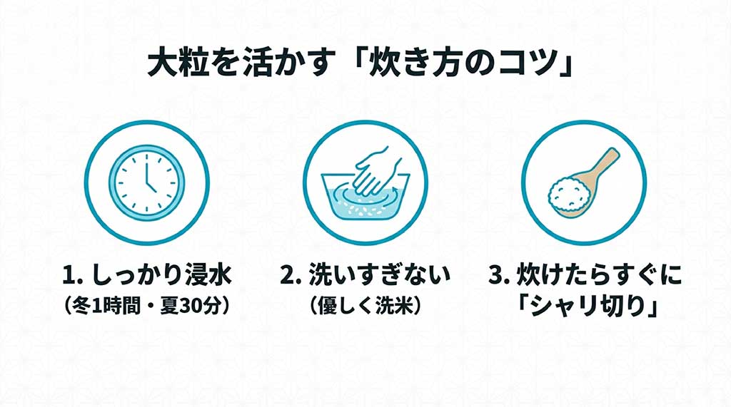 浸水（冬1時間・夏30分）、優しい洗米、炊き上がりのシャリ切りをアイコンで分かりやすく解説したスライド