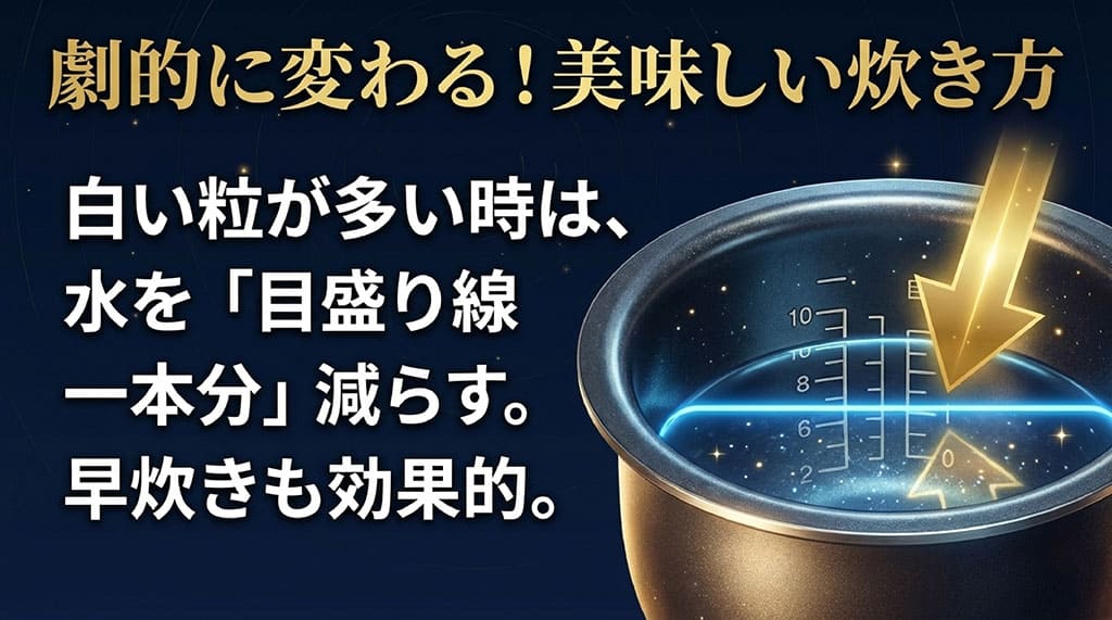 白い粒(シラタ)が多い時は炊飯時の水を「目盛り線一本分」減らす、または早炊きモードにするという美味しい炊き方のコツ