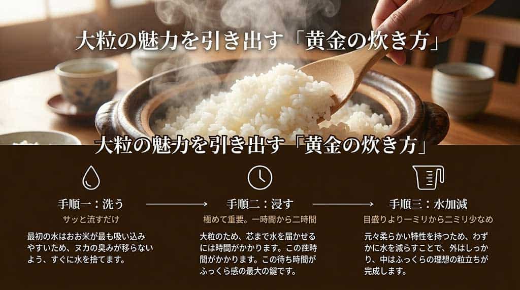 大粒の魅力を引き出す黄金の炊き方スライド。サッと洗う、1〜2時間浸す、水は目盛りより1〜2mm少なめにするという3つの手順
