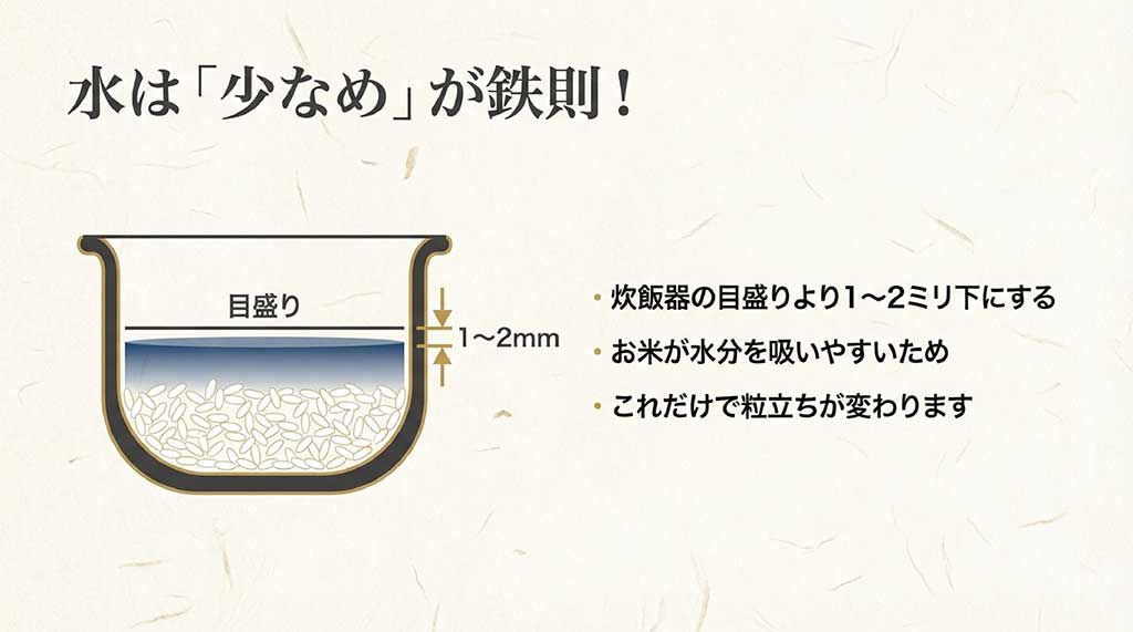 炊飯器の目盛りより1〜2mm下に合わせる水加減のポイント図解