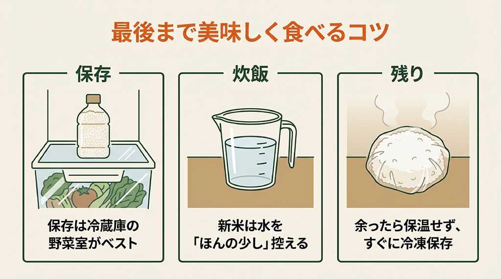 美味しいお米のコツ。冷蔵庫の野菜室保存、新米の水加減、余ったご飯の即冷凍保存の解説