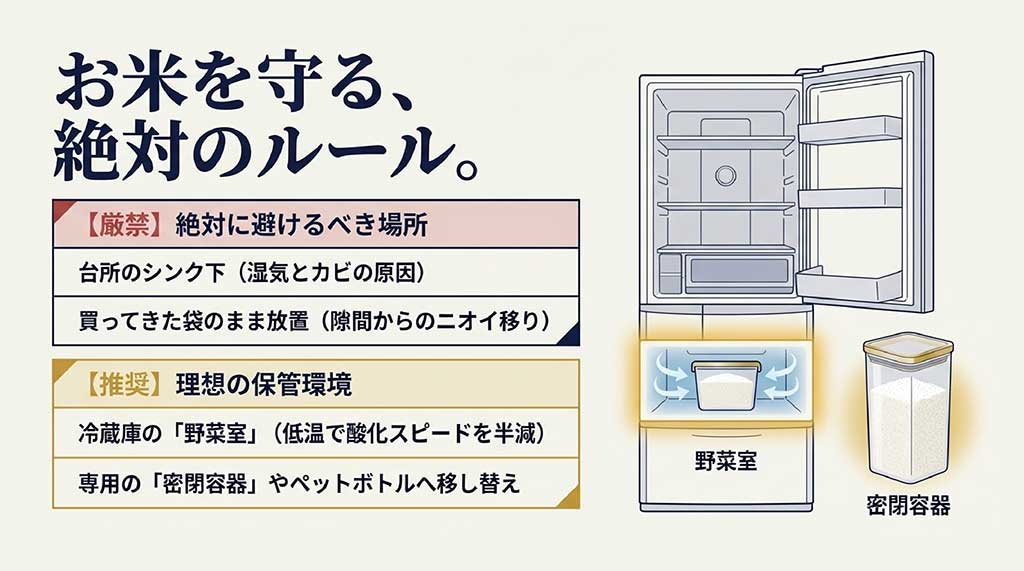 冷蔵庫の野菜室での保管を推奨し、シンク下や袋のままの放置を厳禁とする、お米の保管環境についての図解