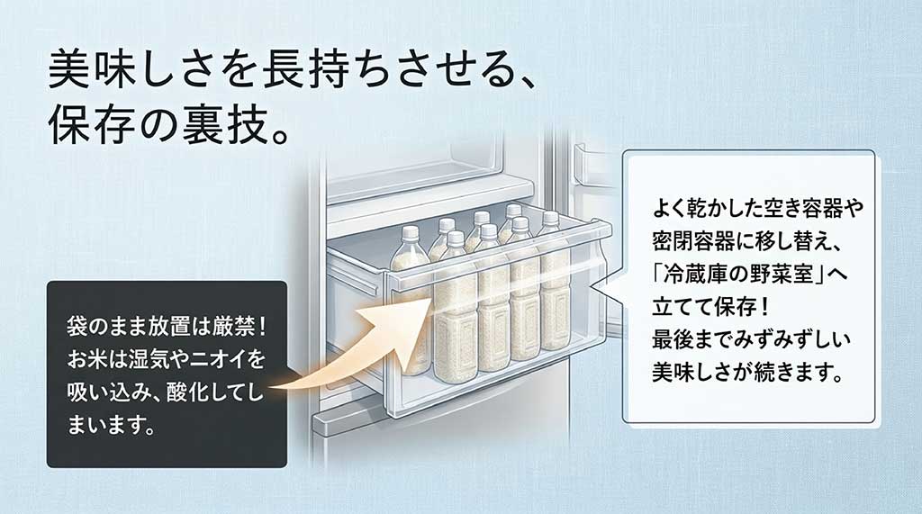 お米の袋のまま放置を禁じ、湿気や酸化を防ぐためによく乾かした密閉容器に移し替えて冷蔵庫の野菜室へ立てて保存する裏技を解説するスライド。