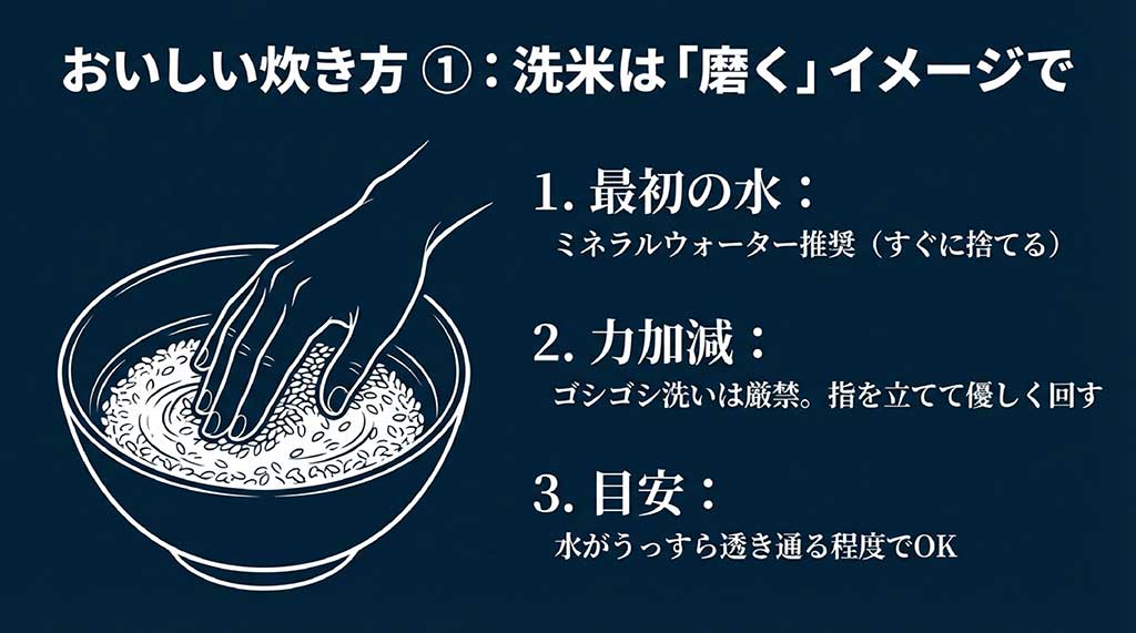 銀河のしずくを美味しく炊くための洗米手順（ミネラルウォーター使用、優しく磨く）