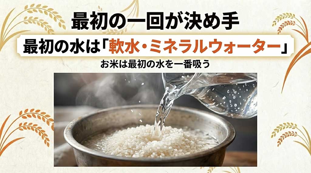 お米は最初の水を一番吸うため、軟水やミネラルウォーターの使用を推奨するイメージ画像