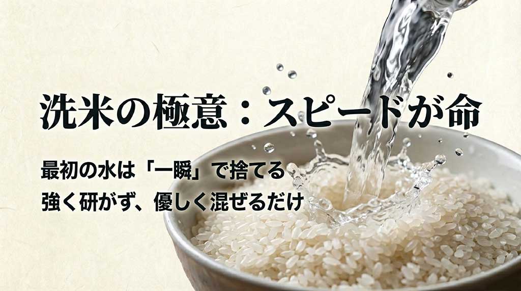 最初の水は一瞬で捨てることや、優しく混ぜるだけの洗米手順を解説したスライド
