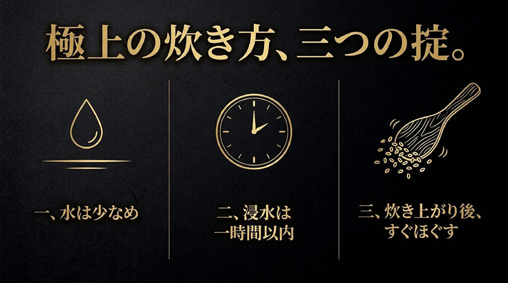 極上の炊き方、三つの掟。水は少なめ、浸水は一時間以内、すぐほぐす、と書かれた炊き方のコツを説明するスライド画像