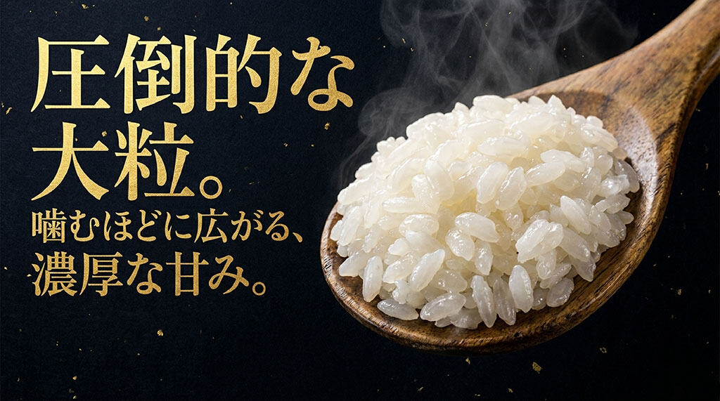 圧倒的な大粒。噛むほどに広がる、濃厚な甘み。と書かれたひゃくまん穀の特徴を説明するスライド画像