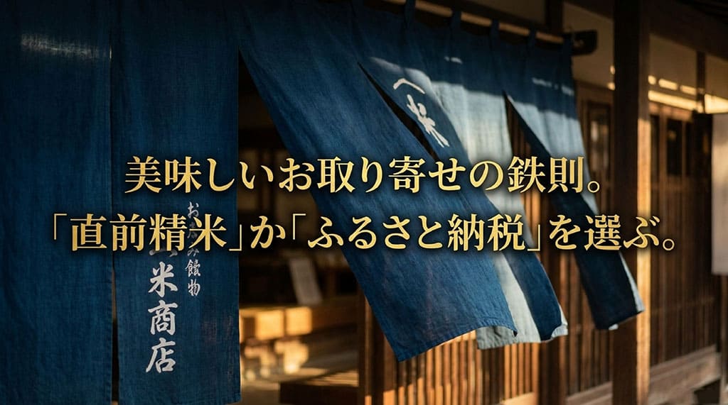 美味しいお取り寄せの鉄則。「直前精米」か「ふるさと納税」を選ぶ。と書かれたお取り寄せのコツを説明するスライド画像