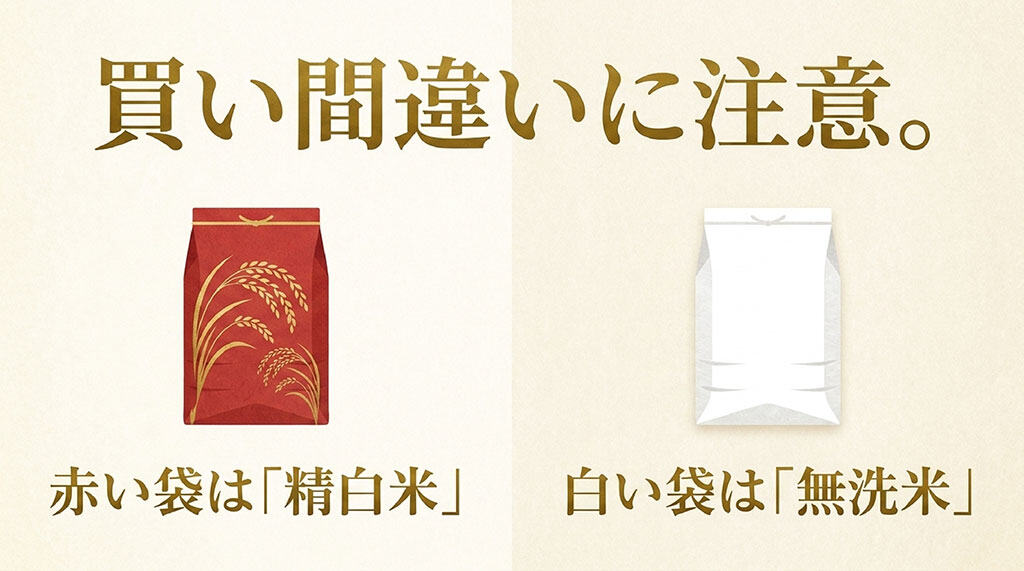買い間違いに注意。赤い袋は「精白米」、白い袋は「無洗米」と書かれたパッケージの違いを説明するスライド画像