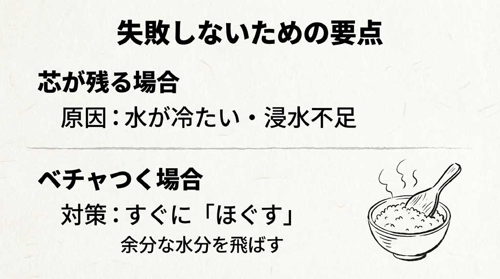 ご飯に芯が残る原因(水温・浸水不足)と、ベチャつく際の対策としてすぐに「ほぐす」ことの重要性をまとめた要点スライド
