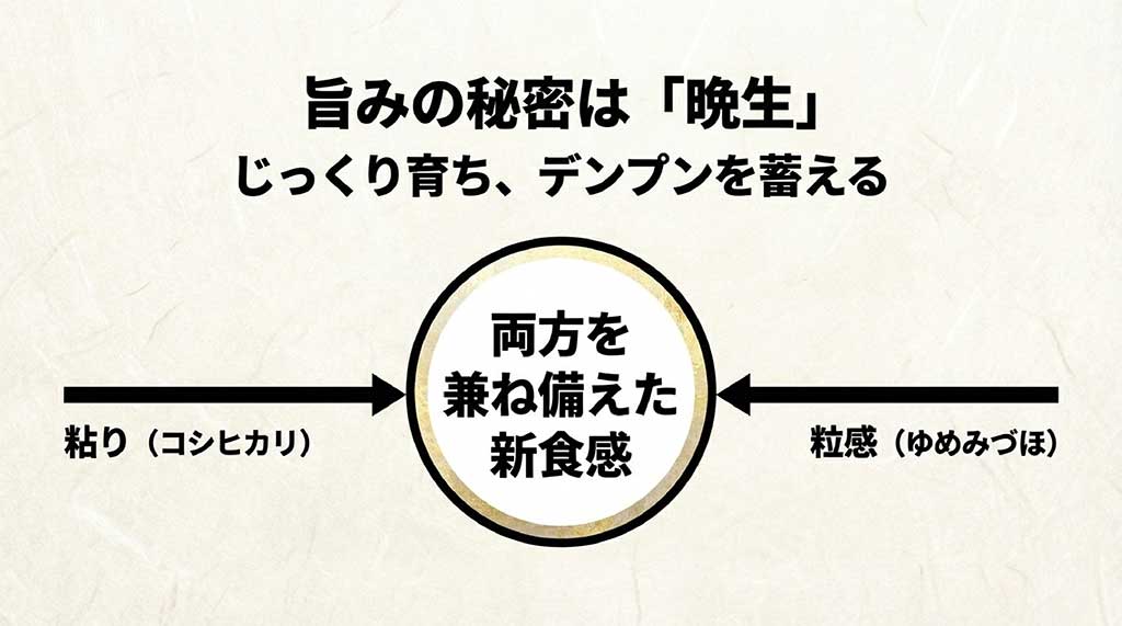 ひゃくまん穀が晩生品種としてじっくり育ちデンプンを蓄えることや、コシヒカリの粘りとゆめみづほの粒感を兼ね備えていることの図解