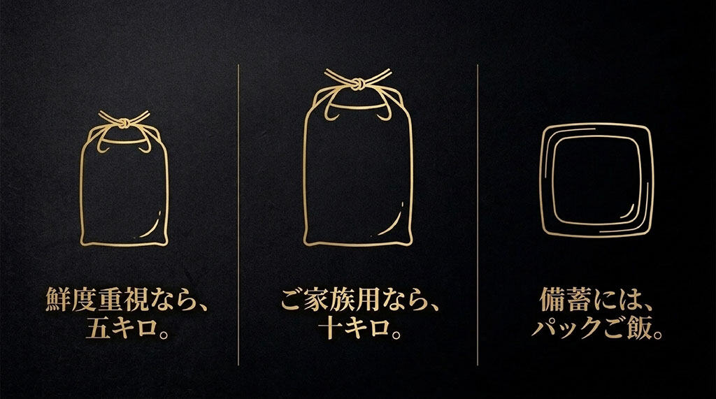 鮮度重視なら五キロ、ご家族用なら十キロ、備蓄にはパックご飯と書かれた買い方の目安を説明するスライド画像
