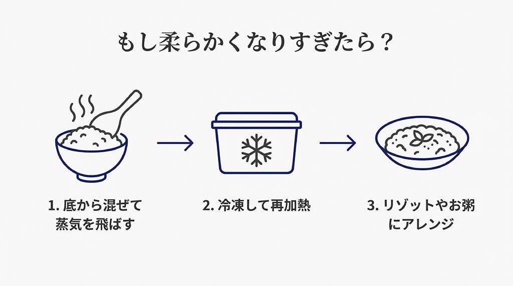 蒸気を飛ばす、冷凍して再加熱、リゾットやお粥にアレンジするなどの失敗対策