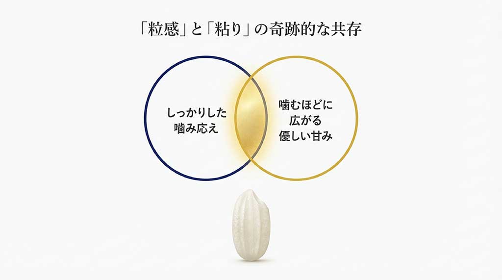 しっかりした噛み応えと噛むほどに広がる優しい甘みを両立した、いちほまれの味の構造図