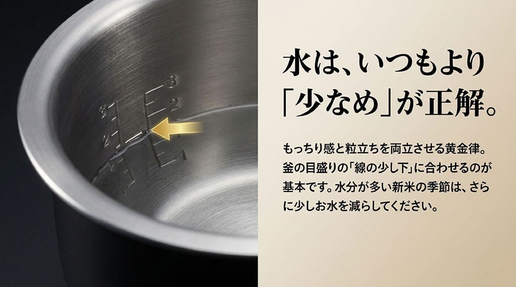 いちほまれの水加減はいつもより少なめが正解。釜の目盛りの線の少し下が基本で、新米はさらに水を減らす。