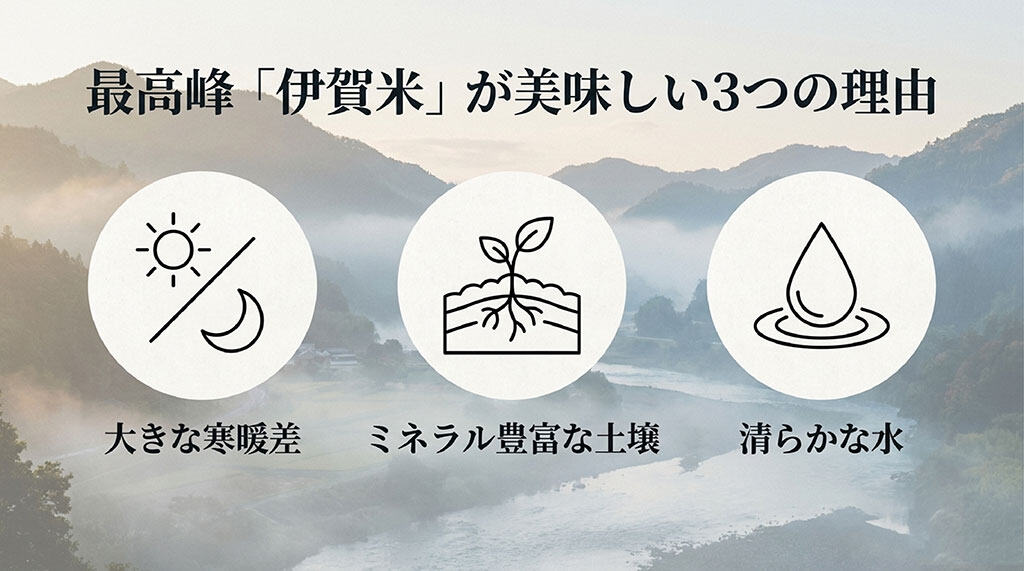 伊賀米が美味しい3つの理由(大きな寒暖差・ミネラル豊富な土壌・清らかな水)を示すアイコン画像