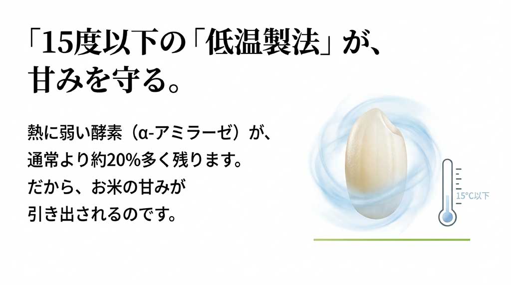 15度以下の低温製法で熱に弱い酵素「α-アミラーゼ」を約20%多く残し、お米の甘みを引き出す仕組みの解説