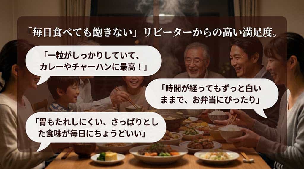 粒がしっかりしてカレーに合う、胃もたれしにくい、お弁当で白いまま保てるなどのリピーターの声を紹介
