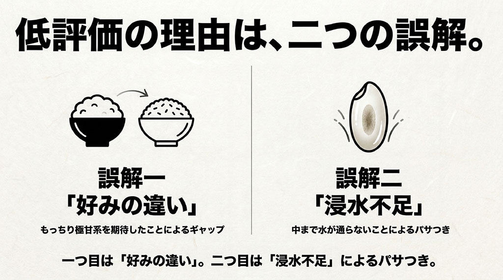 低評価の理由は二つの誤解。「好みの違い」ともっちり系期待のギャップ、「浸水不足」によるパサつき