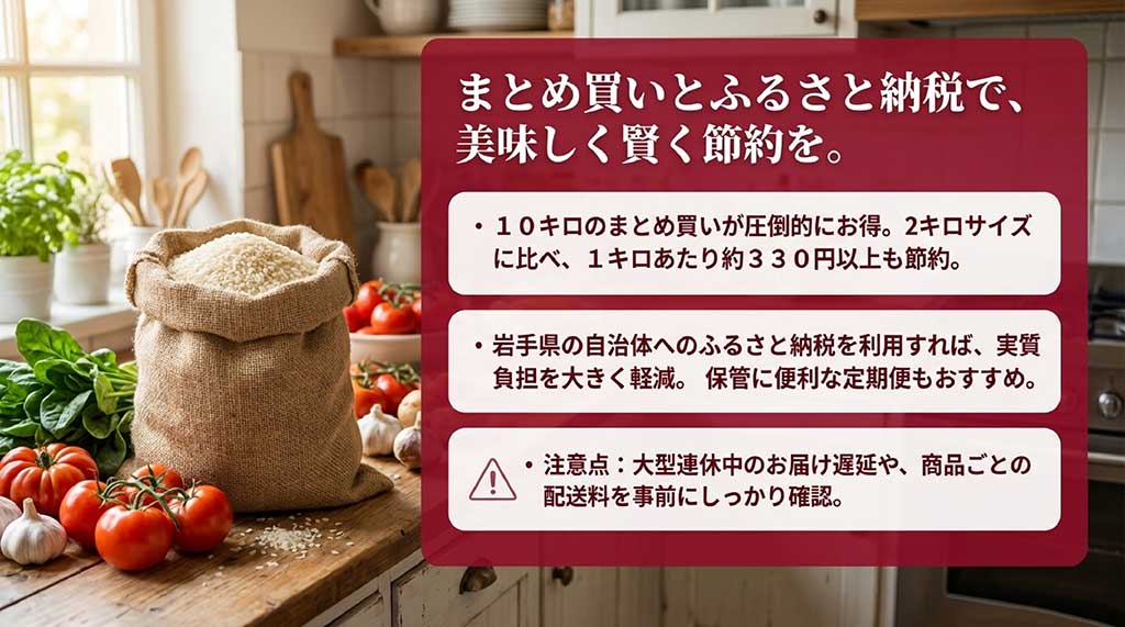 10kgまとめ買いの節約効果、ふるさと納税の利用、大型連休中の配送遅延に関する注意点を記載