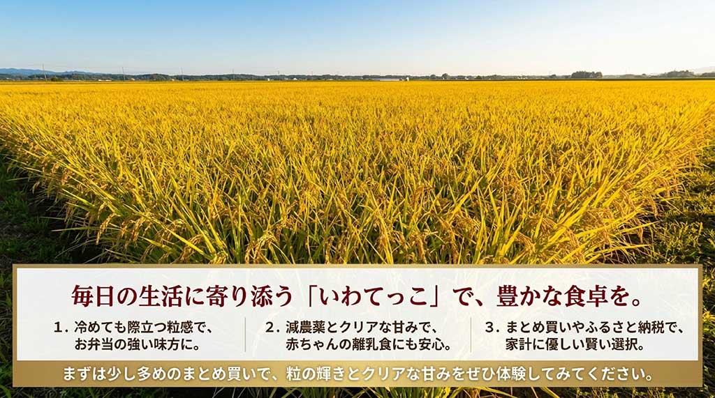 いわてっこの3つのメリット（お弁当、離乳食、家計への優しさ）を振り返るまとめスライド
