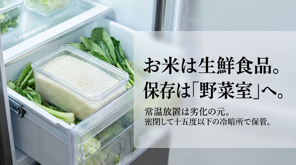 お米は生鮮食品。保存は「野菜室」へ。密閉して15度以下の冷暗所で保管
