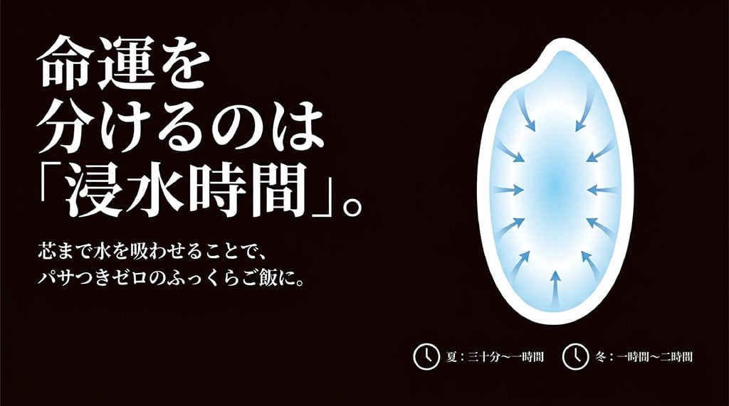 命運を分けるのは浸水時間。お米の芯まで水を吸わせることでパサつきゼロのふっくらご飯に(夏30分〜1時間、冬1時間〜2時間)