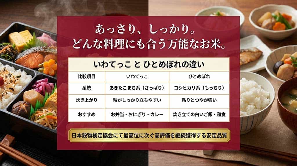 いわてっことひとめぼれの違いをまとめた表。系統、炊き上がり、おすすめの料理（お弁当・カレー等）の比較
