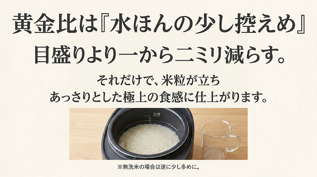 風さやかを炊くときの黄金比は水ほんの少し控えめ。目盛りより1〜2ミリ減らす様子