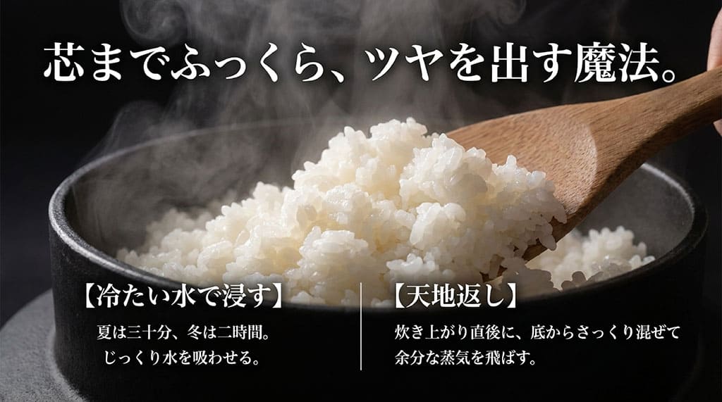 芯までふっくら、ツヤを出す魔法。冷たい水での浸水時間と、炊き上がり直後の天地返しのコツ