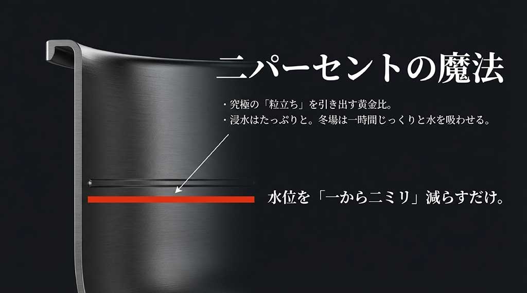 水位を1〜2ミリ減らす「2%の魔法」や、たっぷりの浸水時間(冬場は1時間)など、粒立ちを良くする炊き方のコツを解説したスライド