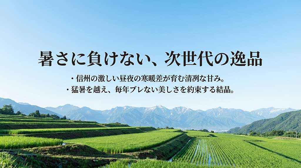 暑さに負けない次世代の逸品として、信州の寒暖差が育む甘みと、猛暑でもブレない品質の安定性を説明するスライド