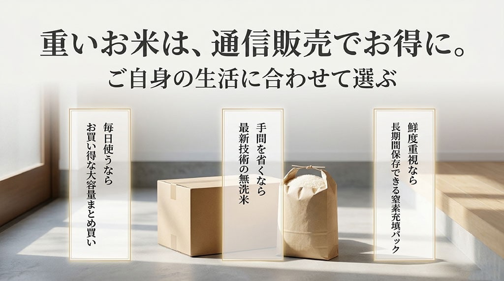 重いお米は通信販売でお得に。鮮度重視の窒素パックや無洗米など、生活に合わせた選び方