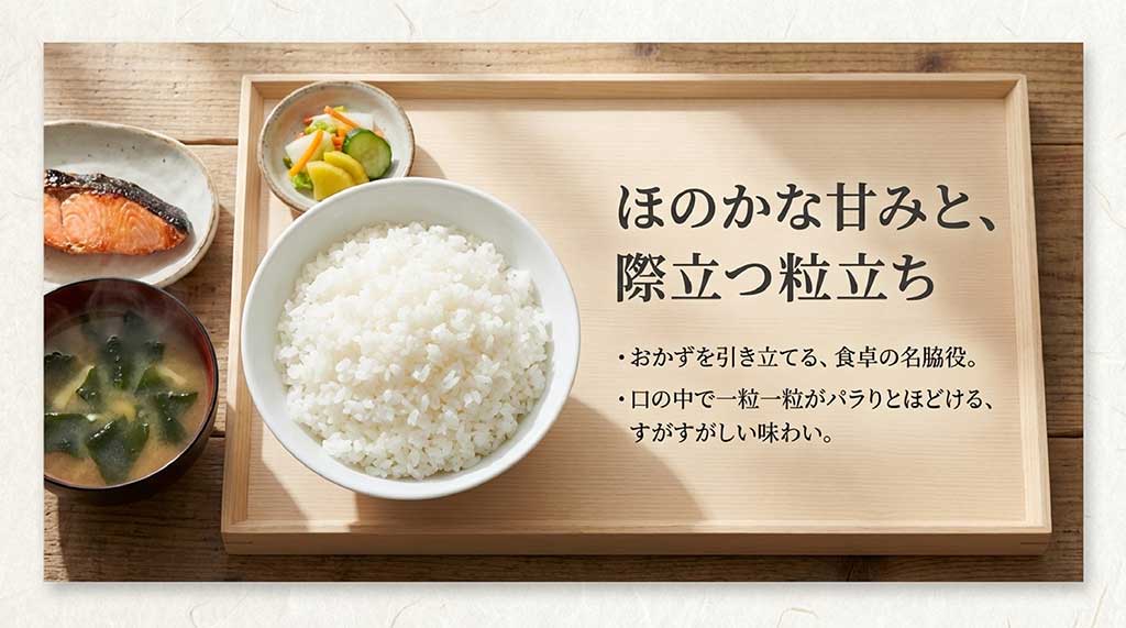 ほのかな甘みと際立つ粒立ち、おかずを引き立てる味わいや、口の中でパラりとほどける食感を紹介するスライド
