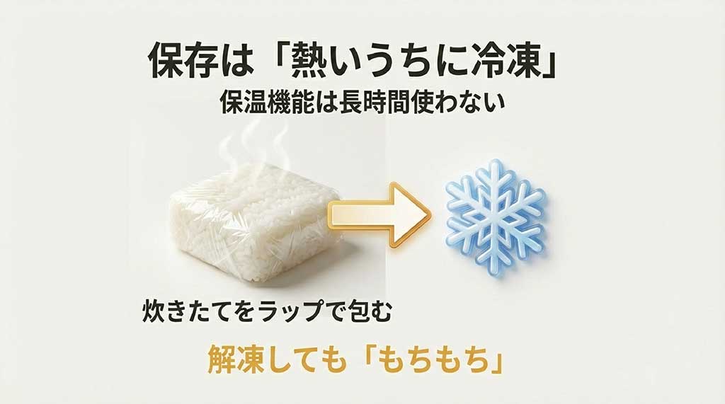 金芽米の保存は熱いうちに冷凍 / 金芽米を美味しく保存するコツ：炊きたてを熱いうちにラップで包んで冷凍することで解凍後ももちもち感をキープ