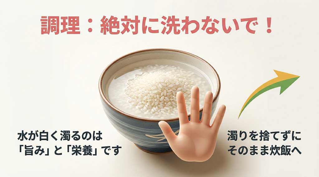 金芽米の調理：絶対に洗わないで / 金芽米は洗わずに炊くのが基本。白い濁りは旨みと栄養成分なので捨てずにそのまま炊飯する解説