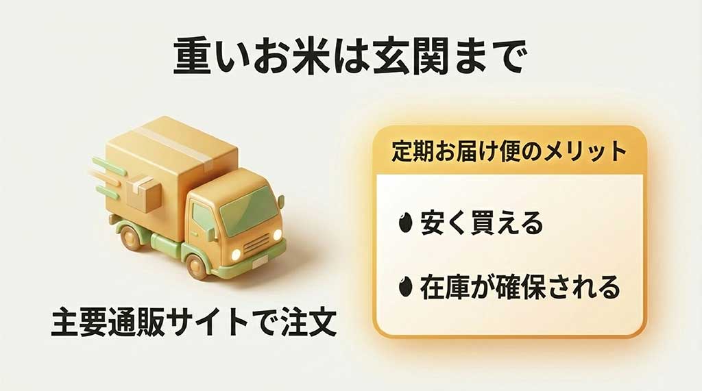 金芽米定期お届け便のメリット / 定期便のメリット：安く買える、在庫が確保される、重いお米が玄関まで届く