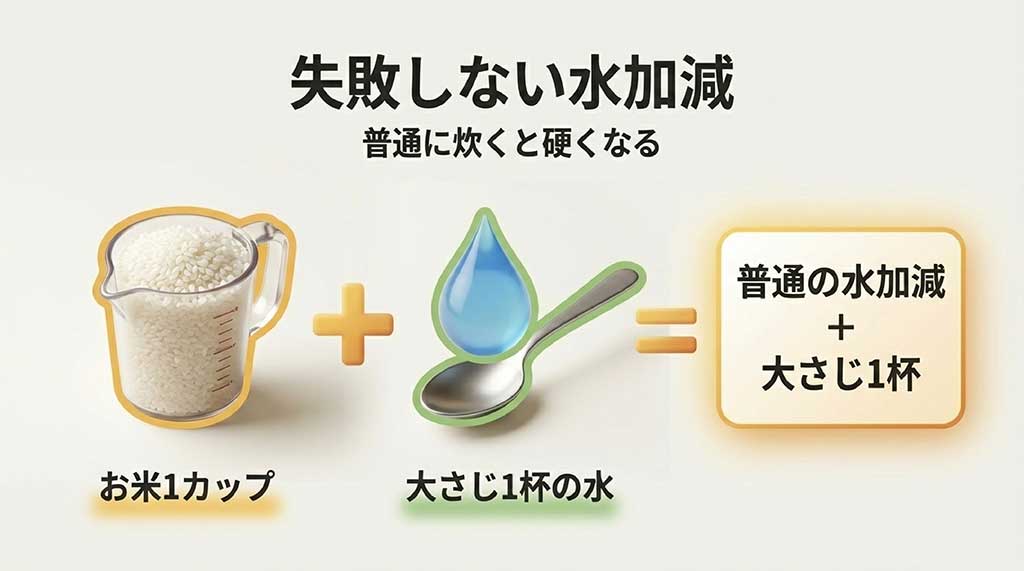 失敗しない金芽米の水加減 / 金芽米の美味しい炊き方：お米1カップにつき大さじ1杯の水をプラスする失敗しない水加減のコツ